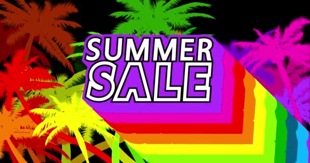 Summer Sale πανό με φοίνικες στο παρασκήνιο. 4k κινουμένων σχεδίων με μακρά πολύχρωμη σκιά με τα χρώματα του ουράνιου τόξου. - Πλάνα, βίντεο