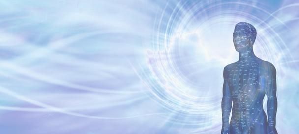 Akupunkturmodell Energy Meridians Message Banner - ein fließender blauer Vortex-Energiehintergrund mit einer halben Akupunkturpuppe in blauer Farbe, die Meridiane und Platz zum Kopieren zeigt - Foto, Bild