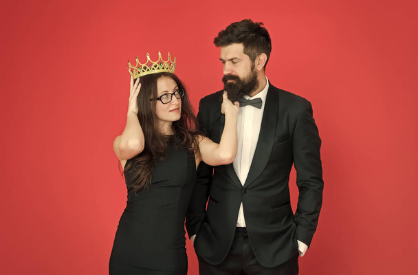 Bearded man sexy girl. Royal party. Prom couple in formal style. Prom party. Holiday celebration. Achievement. Pride and glory. Luxury success symbol. Party night. Promotion and reward. Prom queen - Photo, Image