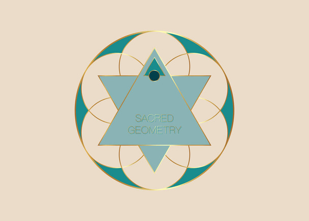 Kutsal Geometri, Yeşil Yaşam Çiçeği logosu şablonu. Uyum ve Dengenin Renkli Sembolü. Saflığın altın işareti. Geometrik üçgen logo yuvarlak tasarım vektörü eski vintage bej arkaplan izole - Vektör, Görsel