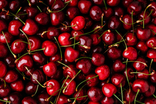 Cereza. Fondo de cerezas dulces. Cerezas rojas dulces maduras. Vista superior - Foto, Imagen