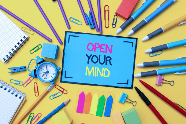 Inspiration showing sign Open Your Mind. Conceptual photo to be able to understand different ideas or ways of thinking Flashy School And Office Supplies Bright Teaching And Learning Collections - Photo, Image