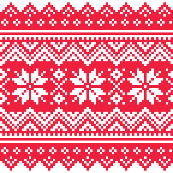 Christmas vector seamless winter pattern, festive red and white print inspired by Sami people, Lapland folk art design, traditional knitting and embroidery - Vector, Image