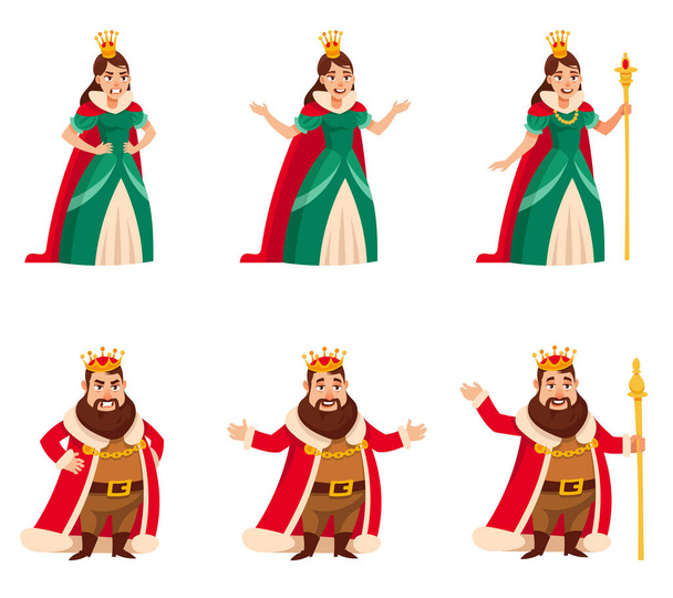 King and quin in different poses. Royal characters in cartoon style. - Vector, Image