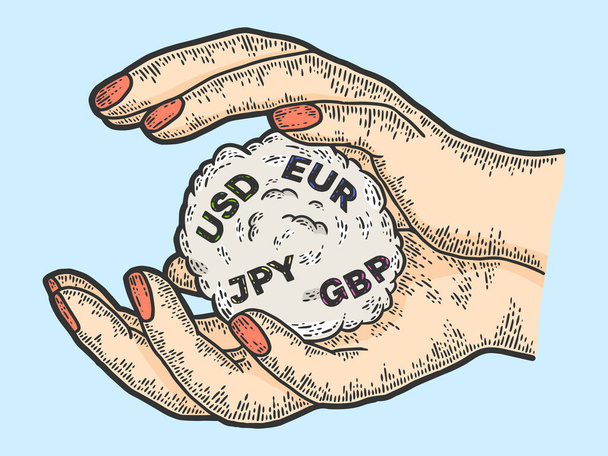 Exchange rate. Hands hold currency signs. Sketch scratch board imitation color. - Vector, Image
