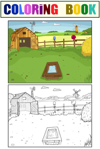 Set of coloring book and color picture. Cartoon farm. - Vector, Image