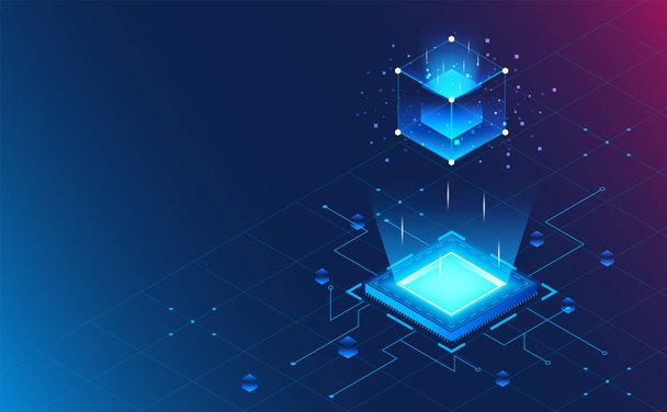 Isometric processor block chain on grid background.Futuristic concept.vector and illustration - Vector, Image