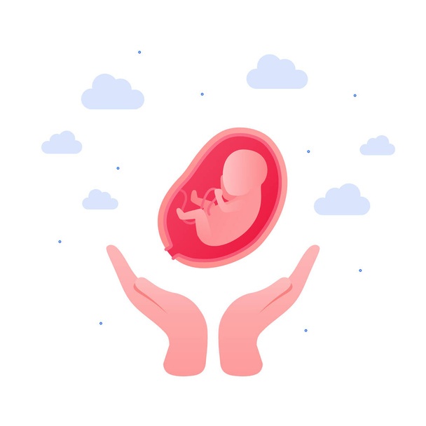 Péče o dítě a koncepce oplodnění in vitro. Vektorové ploché zdravotní ilustrace. Lidské ruce drží embryo v děloze. Design pro zdravotnictví, vzdělávání. - Vektor, obrázek