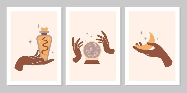 Mystic Boho készlet női kéz és szimbólumok, hold, kristály, kígyó, csillag, üveg. Vektor mágikus lapos illusztráció. Trendi minimalista jelek design kozmetikumok, ékszerek, kézzel készített termékek, háttér - Vektor, kép