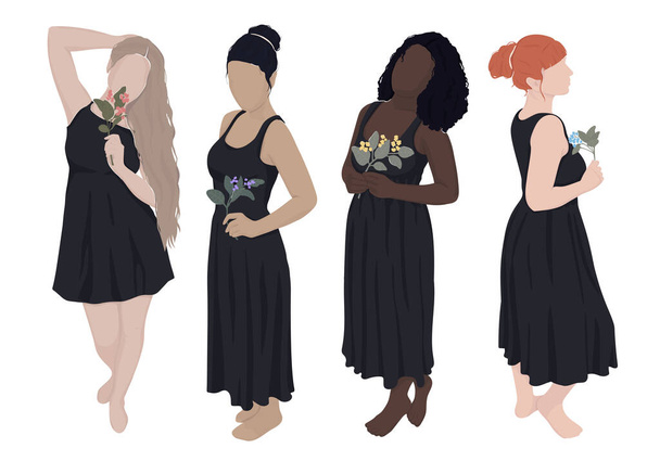 jogo de mulheres diferentes desenhadas em vestidos pretos que prendem flores em suas mãos. moderna ilustratio plana - Foto, Imagem