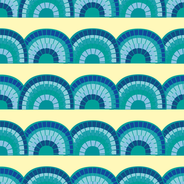 Cute wektor mozaiki tęczy bezszwowy wzór tła. Wiersze efektu płytki niebieskie tęcze na pastelowym żółtym tle. Powtarzanie w paski inspirowane starożytną Grecją. Na wakacje, lato, ośrodek turystyczny - Wektor, obraz