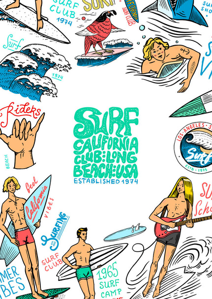 Poster del surf. Vintage Surfer banner. Onda retrò e palmo. Biglietto estivo della California. Uomo sulla tavola da surf, spiaggia e mare. Emblema inciso disegnato a mano. Sport in Hawaii sfondo - Vettoriali, immagini