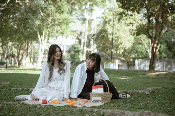 Concept de pique-nique deux amis passent du temps ensemble pour un pique-nique en profitant d'un repas sur un tapis dans le parc verdoyant. - Photo, image