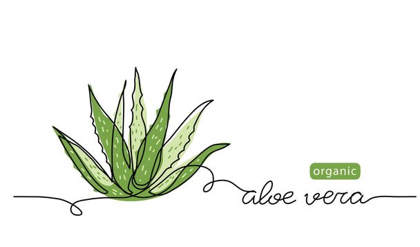 アロエベラ植物スケッチ、単純なベクトルイラスト、背景、ラベルデザイン。有機的なアロエベラのレタリングと1つの連続線画アートイラスト - ベクター画像