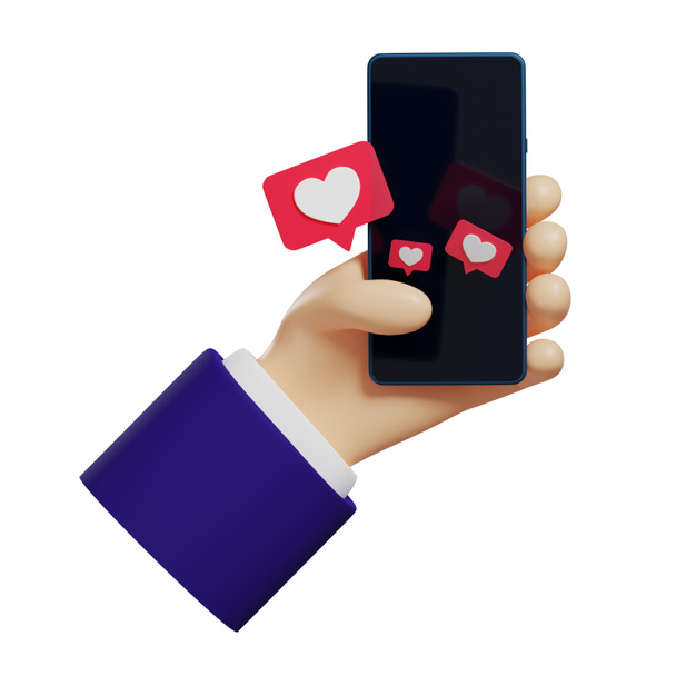 3D ręka trzyma telefon i wysyła emotikony serca w wiadomościach, ikony serca w oknach dialogowych, izolowane na białym tle, Ilustracja 3D - Zdjęcie, obraz