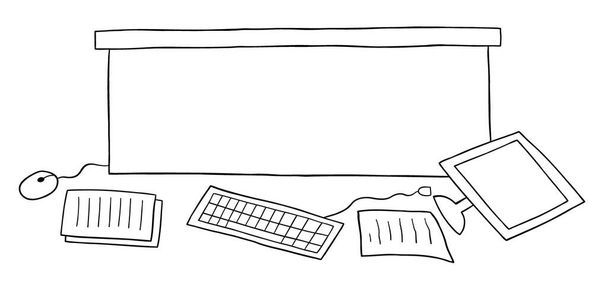 Wektor kreskówek ilustracja bałaganu biurko, komputer i papiery na podłodze. Czarny zarysowany i biały kolor. - Wektor, obraz