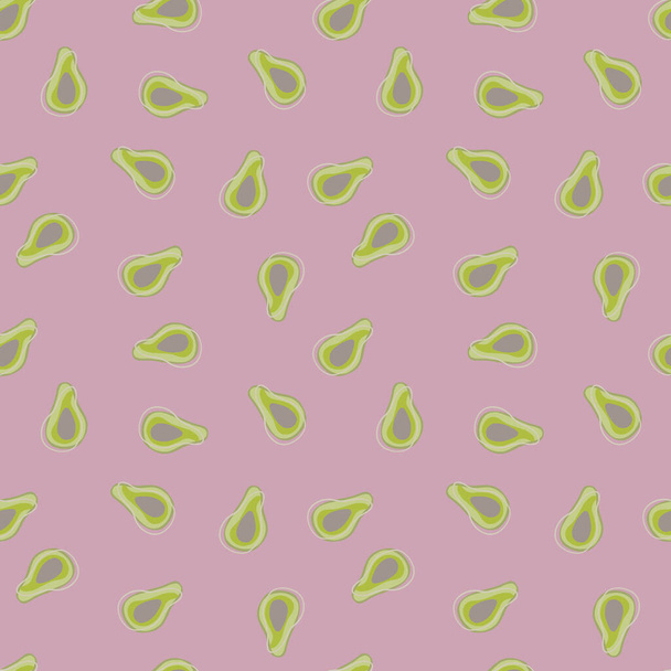抽象的な小さなアボカド緑のランダムなシルエットシームレスな食品パターン。淡いライラックの背景。ファブリックデザイン、テキスタイルプリント、ラッピング、カバーのための装飾的な背景。ベクターイラスト. - ベクター画像