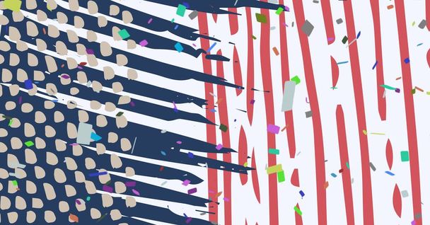 Composition of blue painted streaks with white dots and red stripes of american flag, on white. patriotism, independence and celebration concept digitally generated image. - Photo, image