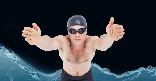 Composition of male swimmer jumping into water on black background. sport and competition concept digitally generated image. - Photo, Image