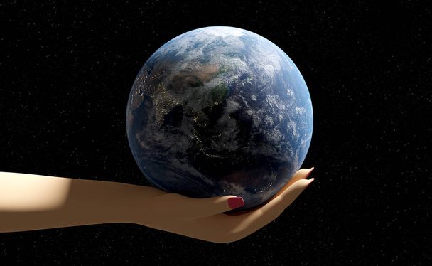 mãos mulher segurando planeta mundo com fundo espacial. Ilustração 3d ou renderização 3d - Foto, Imagem