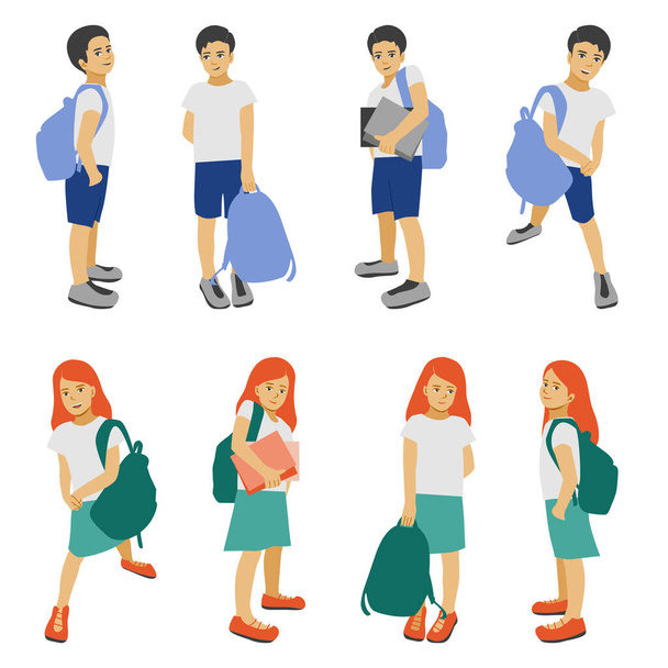 Back to school, children with schoolbags, schollboy kids isolated, pupils boys and girs in different poses with bags vector Illustration. - ベクター画像