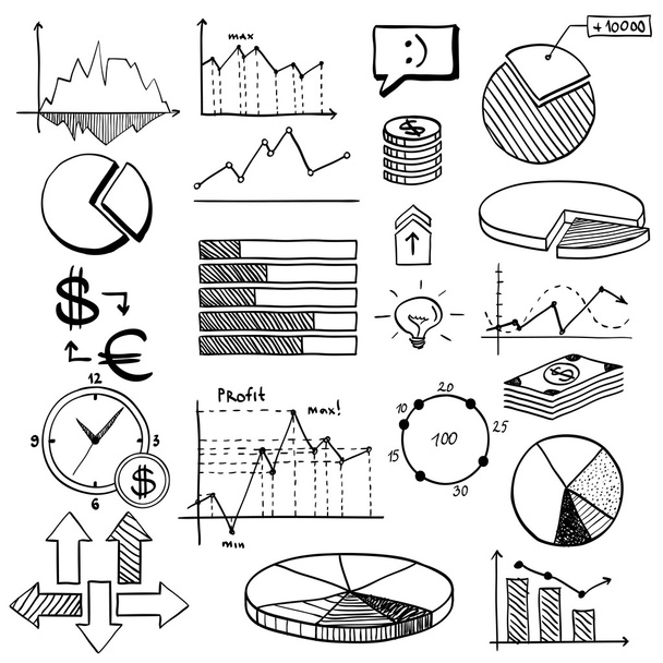 χρηματοδότηση επιχειρήσεων doodle χέρι στοιχεία με το αλφάβητο σε μπλε φόντο. έννοια - analytics, εργασία, μάρκετινγκ, στρατηγική - Διάνυσμα, εικόνα