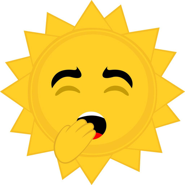 Illustration vectorielle émoticône d'un personnage de dessin animé du soleil, bâillant avec sa main dans sa bouche ouverte - Vecteur, image
