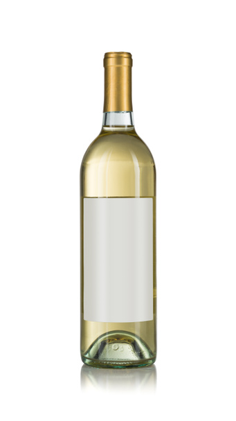 Weinflasche mit hellem Wein und leerem Weinetikett fertig für Sie Eigene Gestaltung und Text vor weißem Hintergrund - Foto, Bild
