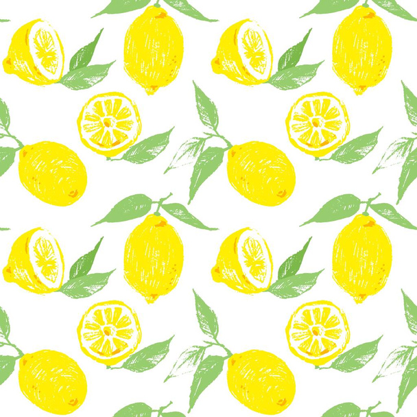 Χωρίς ραφή διανυσματικό μοτίβο με λεμόνια. Λεμόνι φρούτα και φύλλα ως επαναλαμβανόμενο φόντο. Χειροποίητα εσπεριδοειδή για φόντο. - Διάνυσμα, εικόνα