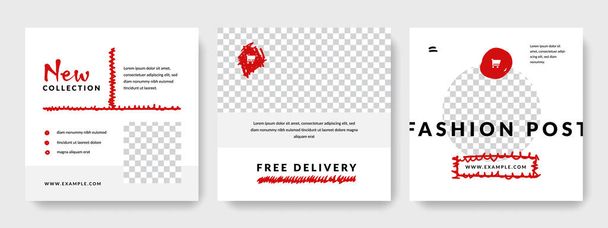 Δημιουργικά κόκκινα πρότυπα social media, instagram και facebook vector square web banners, καθαρά minimal business layouts με ζωγραφισμένα στο χέρι στοιχεία - Διάνυσμα, εικόνα