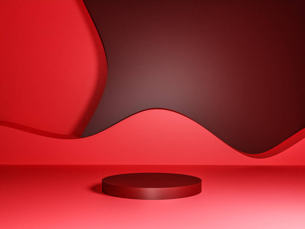 Escena con podio de color rojo para una presentación simulada en estilo minimalista con espacio de copia, diseño de fondo abstracto de renderizado 3d - Foto, imagen