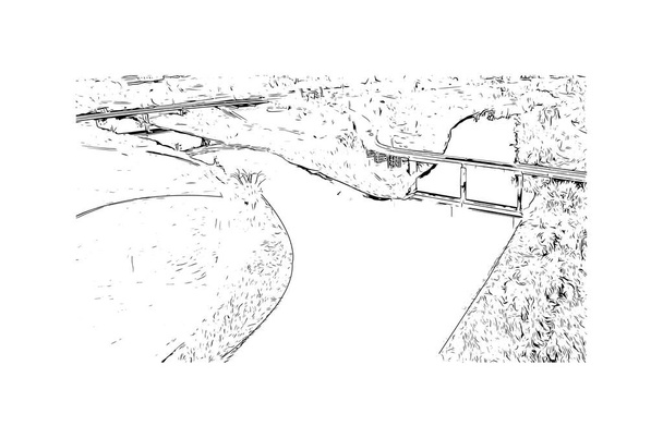 Imprimir Vista del edificio con el hito de Grand Forks es una ciudad en Dakota del Norte. Dibujo dibujado a mano ilustración en vector. - Vector, Imagen