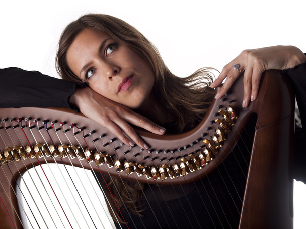 brunetka, opierając się na jej klasycznego harfa - Zdjęcie, obraz