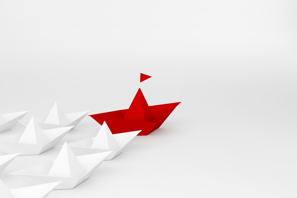 Vezetői koncepció. Piros papírhajó vezet fehér és fehér háttér között. 3d illusztráció - Fotó, kép
