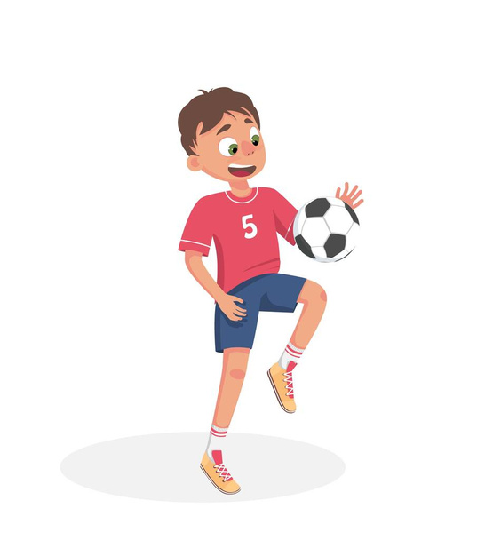 Mały chłopiec jest piłkarzem. Nastolatek bawi się piłką, kopie. Wektor izolowane ilustracji zasobów w stylu kreskówki na białym tle - Wektor, obraz