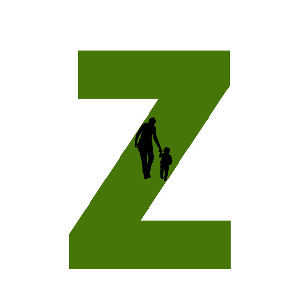 Buchstabe Z des Alphabets mit Silhouette einer Mutter und eines Kindes beim Gehen, in grün und schwarz - Foto, Bild