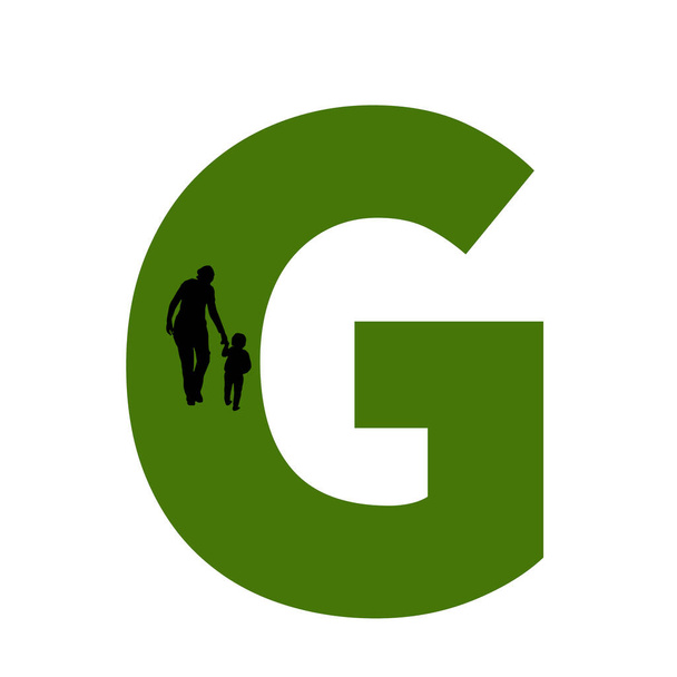 betű G az ábécé készült sziluett egy anya és a gyermek séta, zöld és fekete - Fotó, kép