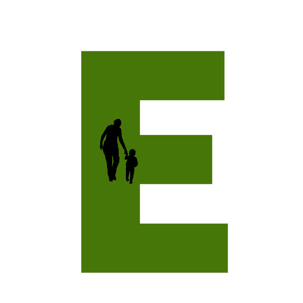 Lettera E dell'alfabeto realizzato con silhouette di madre e figlio che camminano, in verde e nero - Foto, immagini