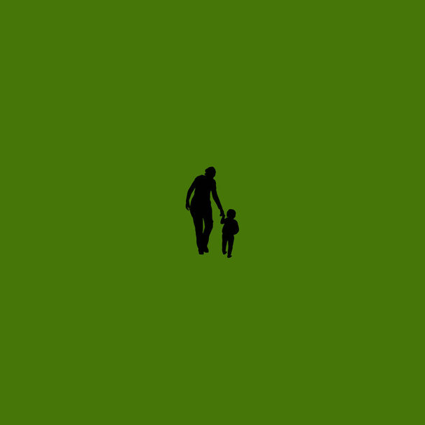 Sziluett anya és gyermek séta, zöld háttérrel - Fotó, kép