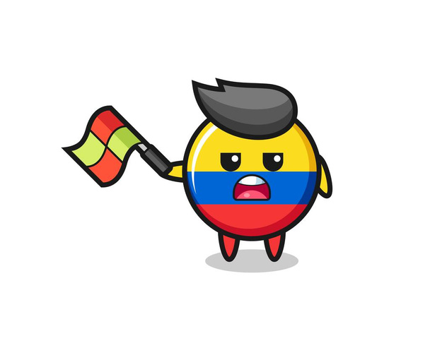 Kolumbien Flaggenabzeichen Cartoon als Linienrichter halten die Flagge in einem 45-Grad-Winkel, niedliches Design für T-Shirt, Aufkleber, Logo-Element - Vektor, Bild