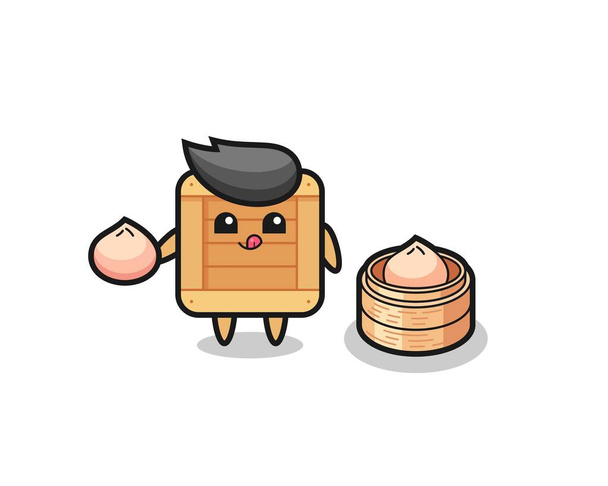 söpö puinen laatikko hahmo syö höyrytettyjä pullia, söpö tyyli suunnittelu t-paita, tarra, logo elementti - Vektori, kuva