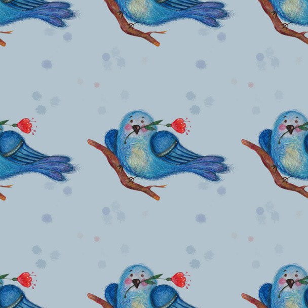 Seamless pattern. Beautiful bluebird with a red flower in its beak on a branch on a light blue background. Watercolor. Illustration for design, decor, textiles, wallpaper, packaging  - Foto, Bild