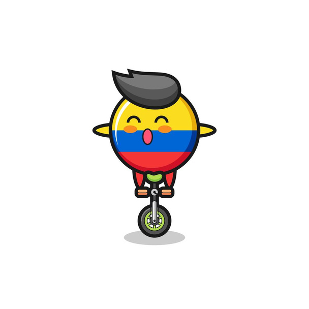 The cute colombia flag badge character is riding a circus bike , cute style design for t shirt, sticker, logo element - Vector, Image