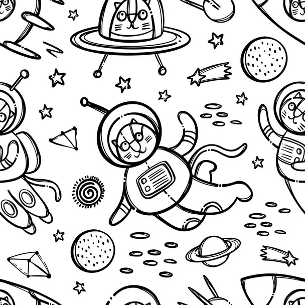 CAT SPACE PATTERN MONOCHROME Cute Cosmic Animal Traveling In Spacesuit And In Rocket Among Planets Of Galaxy Cartoon Hand Drawn On Dark Background Vector Illustration - Διάνυσμα, εικόνα
