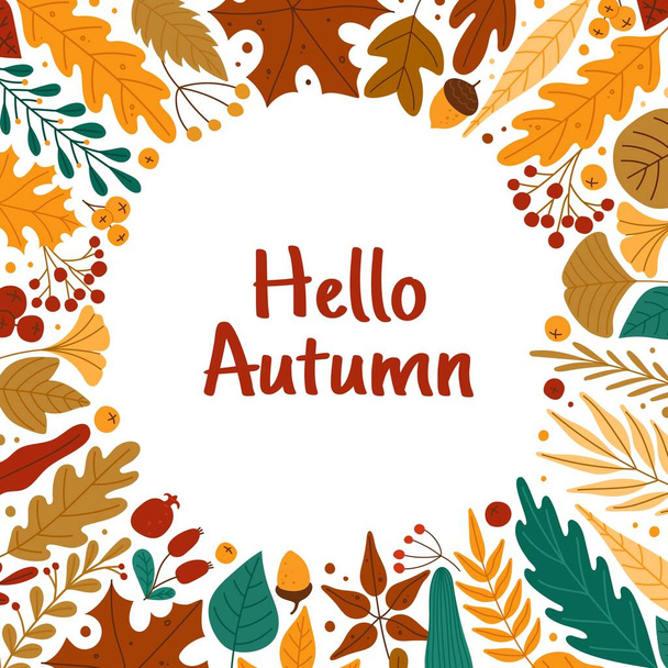 Autumn leaves frame. Hello autumn banner with red or yellow leaves, berries, acorns. Oak, maple fall foliage round border Vector background - Vector, imagen