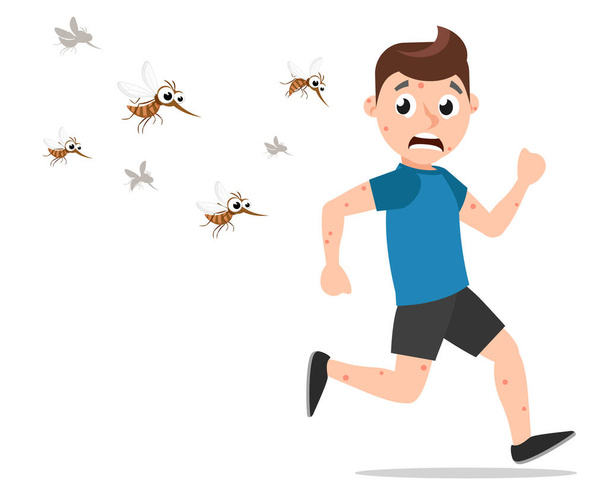 Muggen jagen op een gebeten man op een witte achtergrond. Het personage - Vector, afbeelding