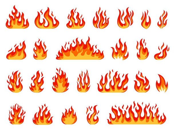 Kreslený plamen. Ohnivé ohně, ohnivé koule, hořící svíčky nebo plameny pochodní, hořící oheň. Komické červené nebo oranžové hořící oheň efekt vektor nastavit - Vektor, obrázek