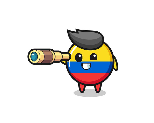 Sevimli Kolombiya bayrak rozeti karakteri eski bir teleskop tutuyor. Tişört, çıkartma, logo elementi için şirin bir tasarım. - Vektör, Görsel