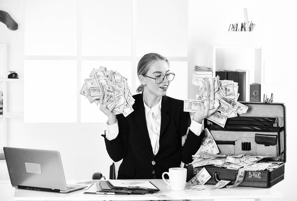 Happy woman. Security cash money savings. Banking concept. Black cash. Financial insurance. Personal accountant. Richness and wellbeing. Credit money. Investing money. Success is measured by money - Fotografie, Obrázek