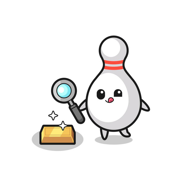 bowling pin character is checking the authenticity of the gold bullion , cute style design for t shirt, sticker, logo element - Vector, Image